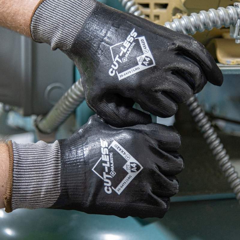 Cut resistant work glove with full dip flat nitrile coating, sandy nitrile palm for grip, touchscreen fingertips, and ANSI A4 protection