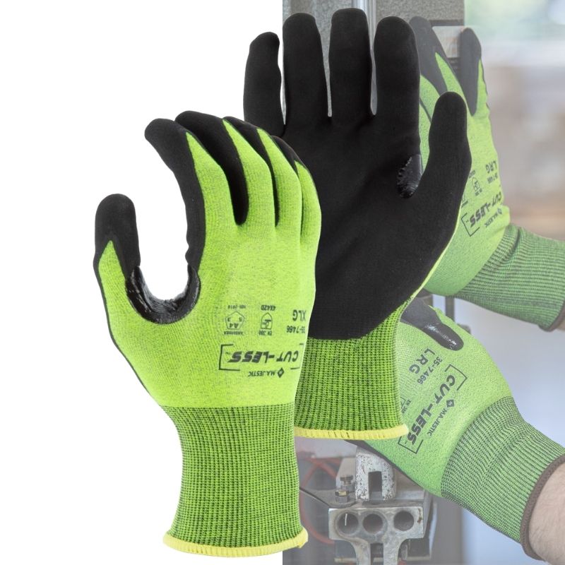 Hi-Vis yellow and black Cut-Less® Korplex® cut resistant glove with an 18-gauge seamless knit, foam nitrile palm, reinforced thumb crotch, and ANSI A4 protection for comfort, grip, and durability.