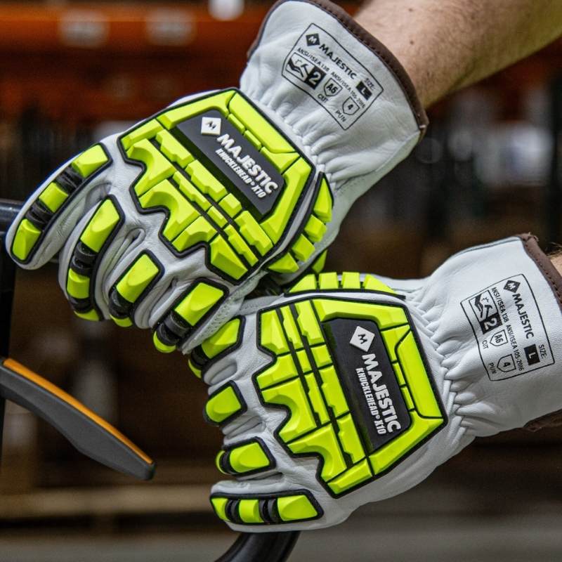 Majestic 21286 impact-resistant leather glove featuring reinforced knuckle and finger protection for industrial work